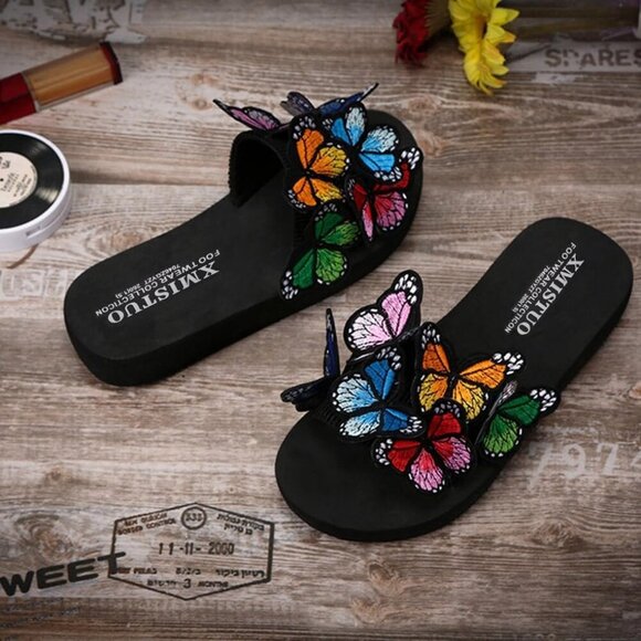 Summer Flat Slide Sandals Womens Butterfly Platform Low Heel Casual Beach Shoes - Picture 3 of 7